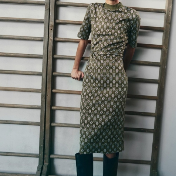 Zara Dresses & Skirts - ZARA | Chic Olive Patterned Dress